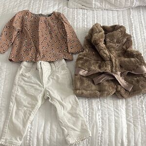 Baby Gap Outfit Penguin Top and Faux Fur Vest with White Corduroy Pant